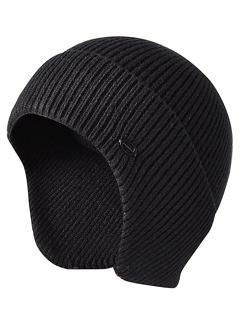 Men's sports warm knitted earflap bonnet hat in black, featuring plush faux rabbit fur lining for ultimate warmth during chilly outdoor activities.
